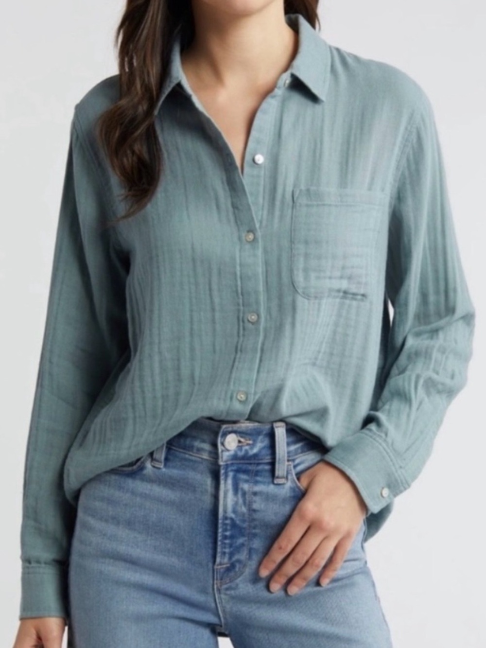 Rails Ellis Blouse Button Down Top Aloe Blue Green Sage Organic Cotton Gauze XXL